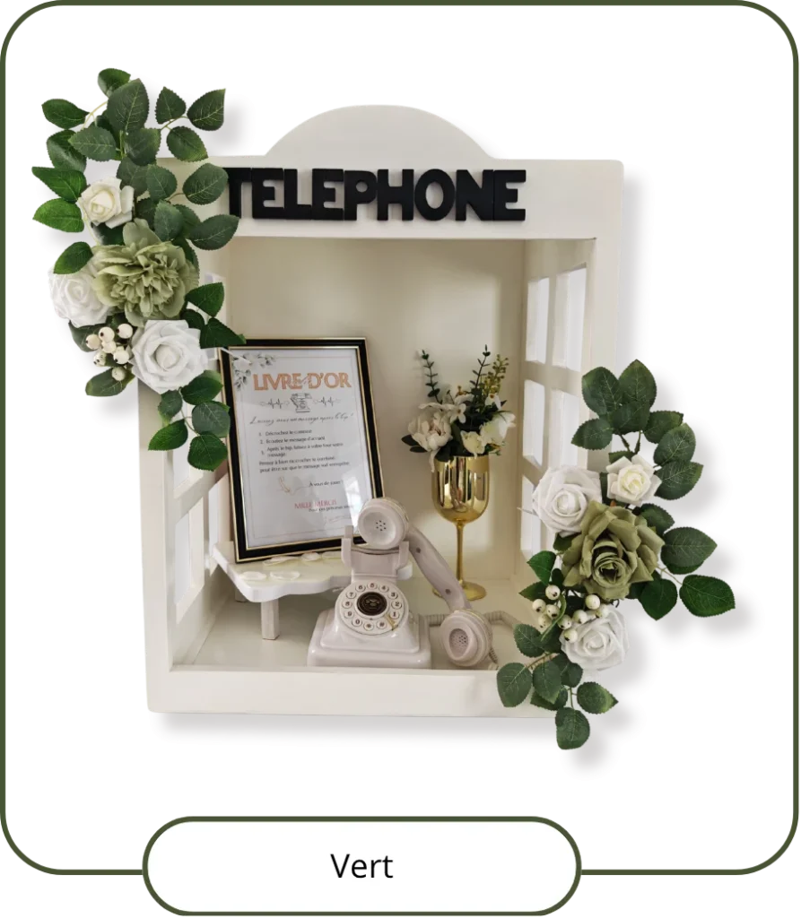 Cabine téléphonique de table décorée de fleurs blanches et vertes