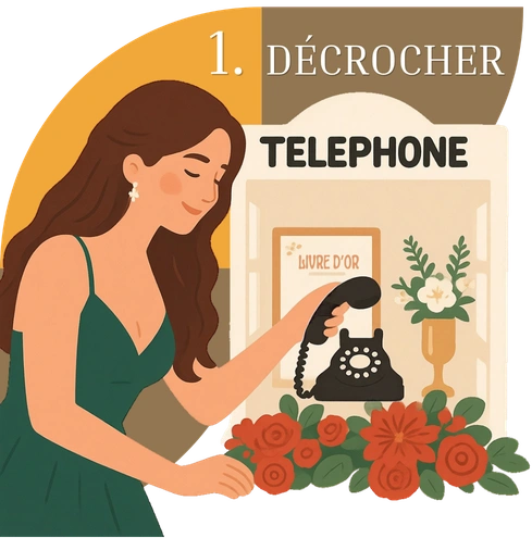 illustration concept livre d'or audio, etape 1 décrocher, femme qui décroche le combine du téléphone noir audio