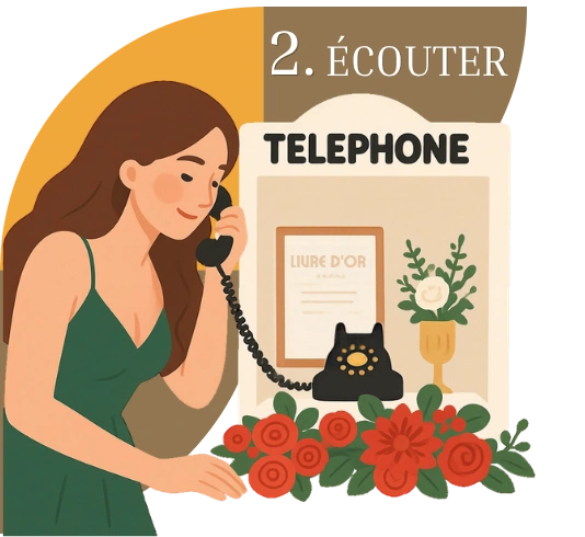 illustration concept livre d'or audio, etape 2 écouter, femme qui porte le combine du téléphone à l'oreille, téléphone noir audio