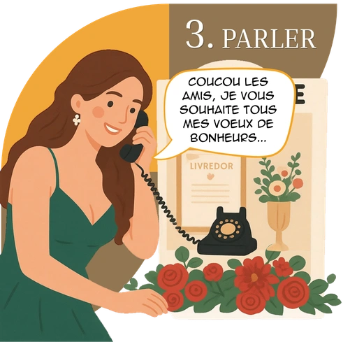 illustration concept livre d'or audio, etape 3 parler, femme qui parle dans  le combine du téléphone noir audio